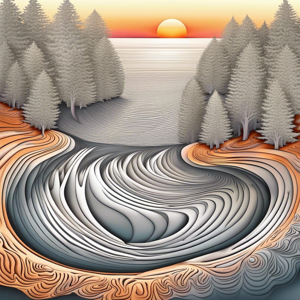 Silver Lake Sunset with Abstract Fractal Elements