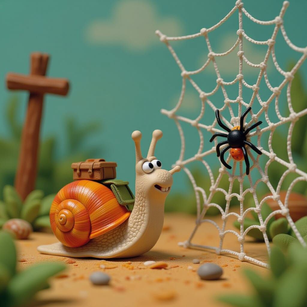 Snail Explorer Navigates a Spiderweb in Claymation Style