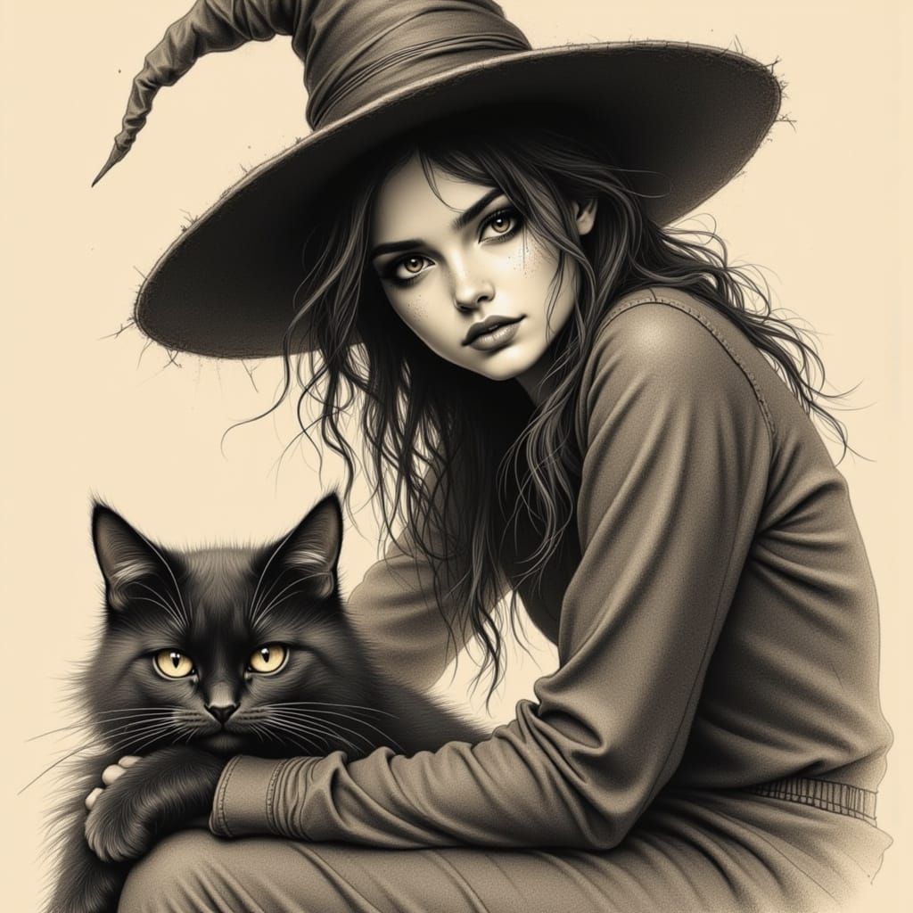 Gritty Witch with Cat Familiar in Sketch Style