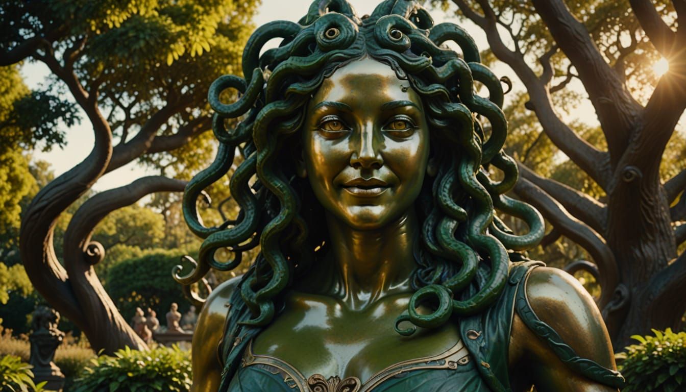 Medusa in Statue Garden with Glowing Eyes