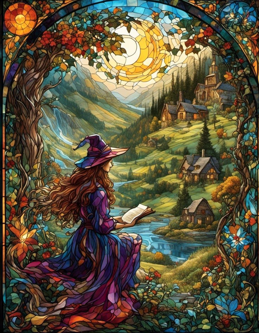 Stained Glass Witch Reading to Children and Pixies