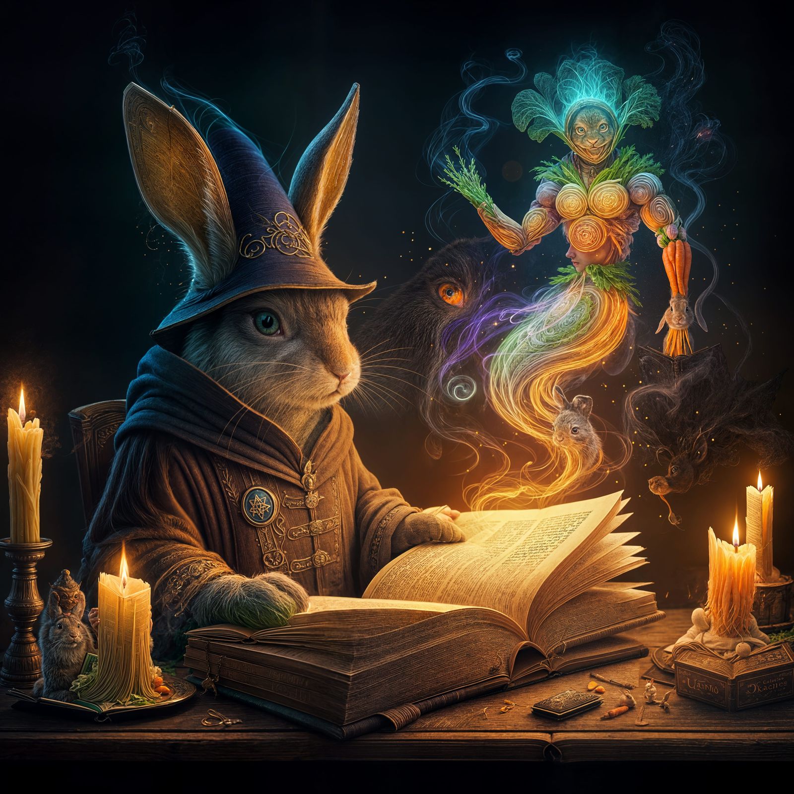 Mystical Wizard Rabbit Surrounded by Enchanted Vegetable Spi...