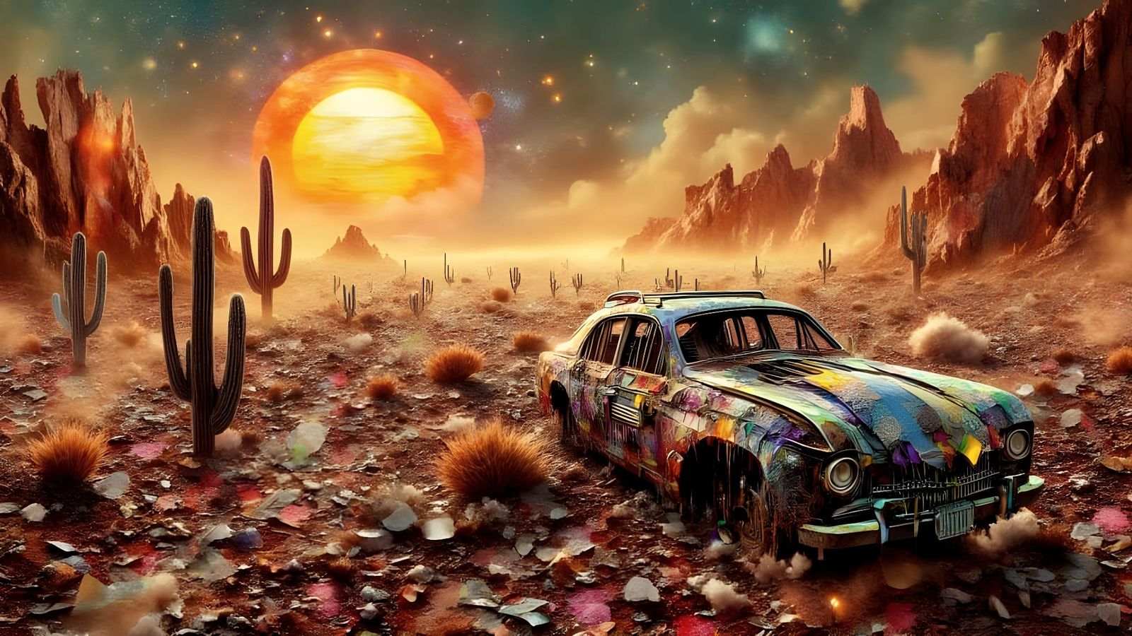 Abandoned Car in Crystalline Desert Under Binary Sunset
