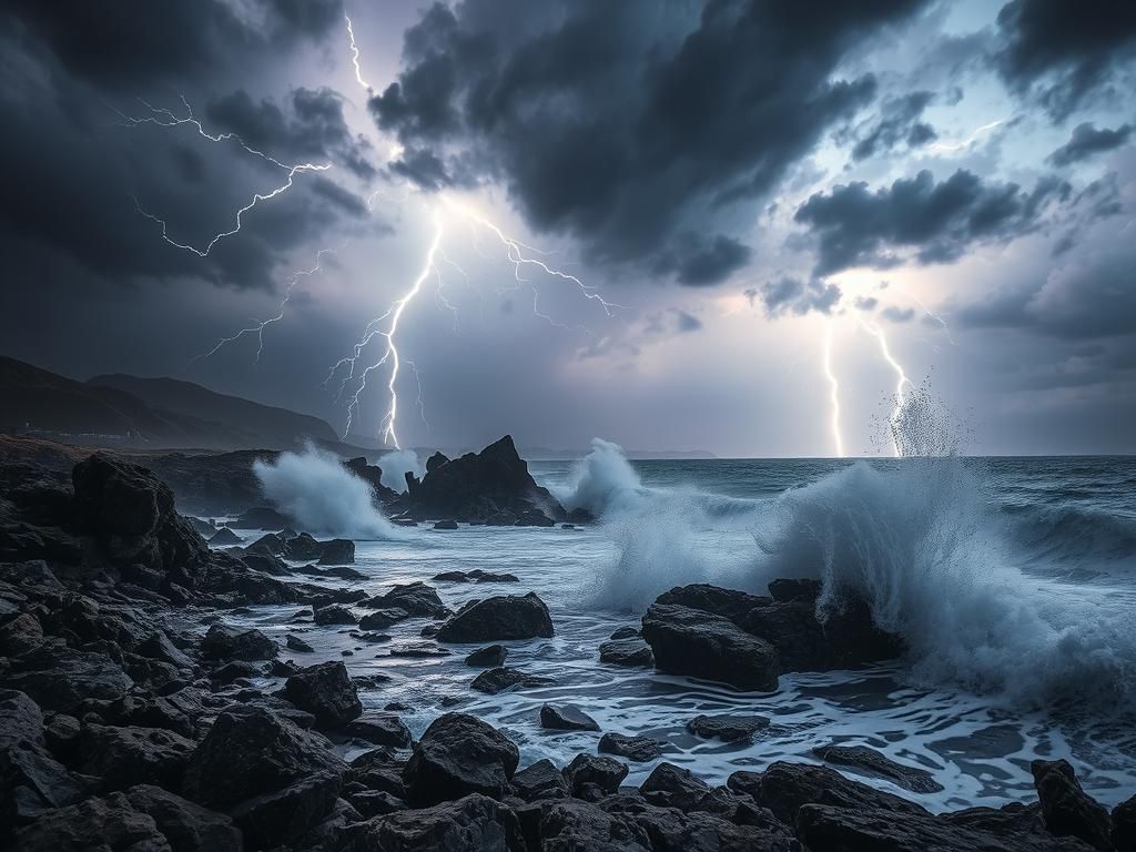 Dramatic Coastal Lightning Storm in Hyperrealistic Style
