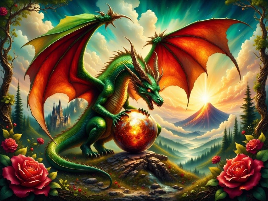 Medieval Dragon with Orb in Oil Painting Style