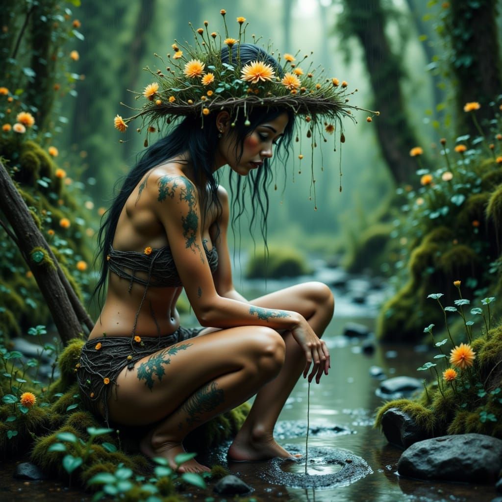 Enchanted Forest Nymph in Dreamy Rainy Atmosphere