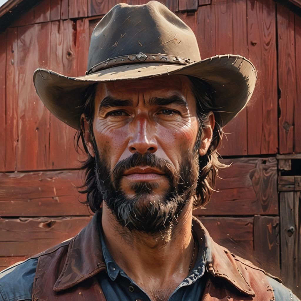 handsome cowboy, mid 30s, long dark hair,  beard, hat, on a ...