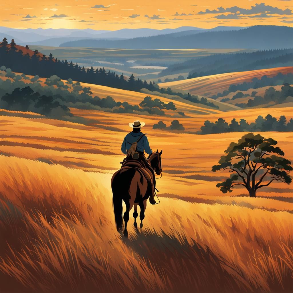 Lone Rider in Golden Sunset Landscape