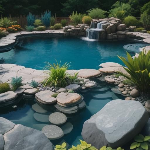 Tranquil Gray Pool with Rocks and Plants