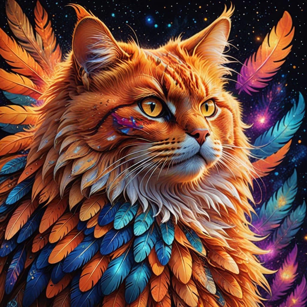 Cosmic Orange Cat Eagle in Vibrant Iridescent Hues