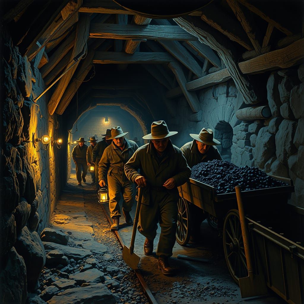 Coal Miners in a Damp, Gritty Industrial Landscape