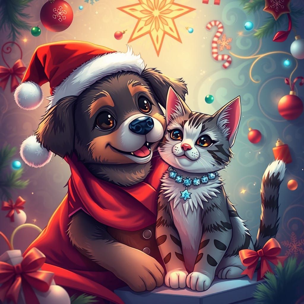 Festive Dog and Cat Celebrate Christmas in Whimsical Anime S...