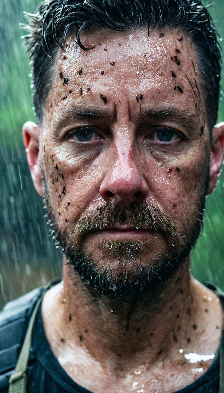 Grizzled Chef Turned Mercenary in Rain: Cinematic Portrait