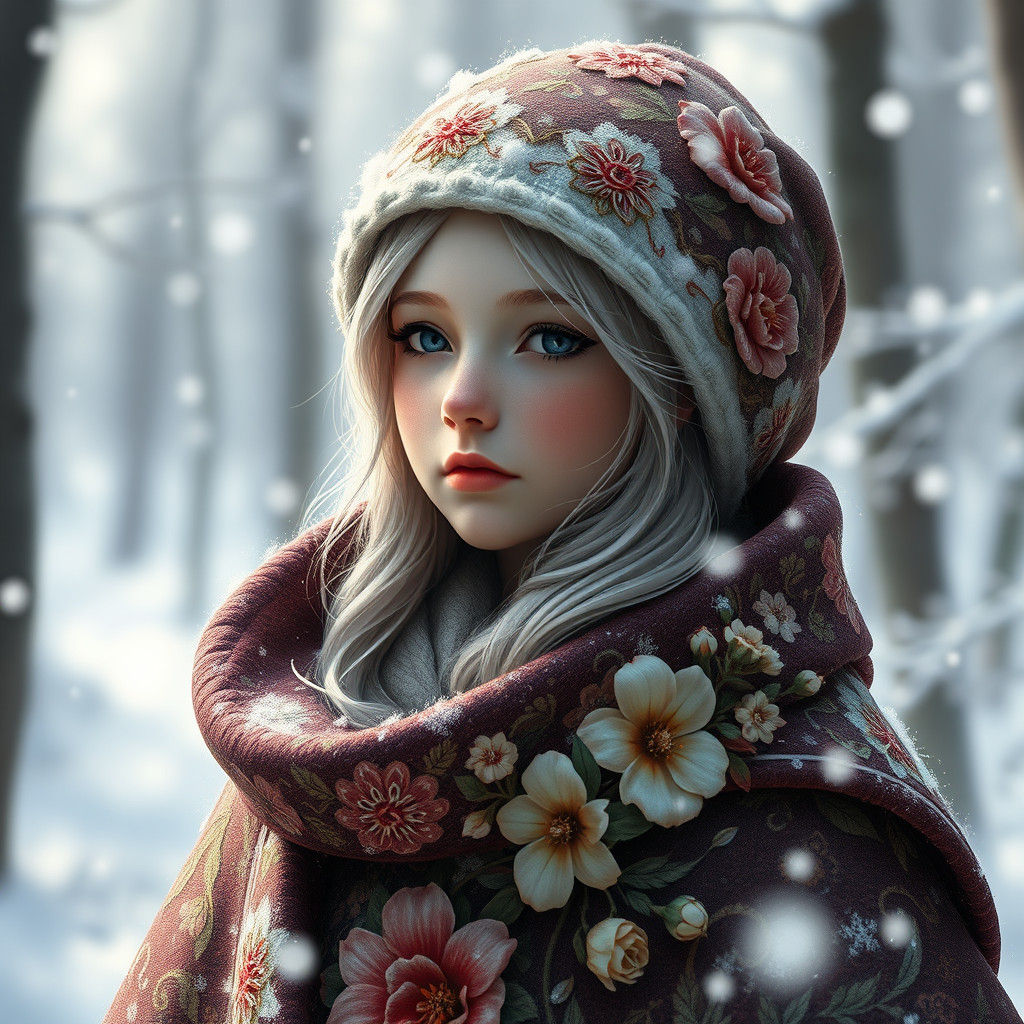 Fantasy Flower Girl in Snow, Digital Art Portrait