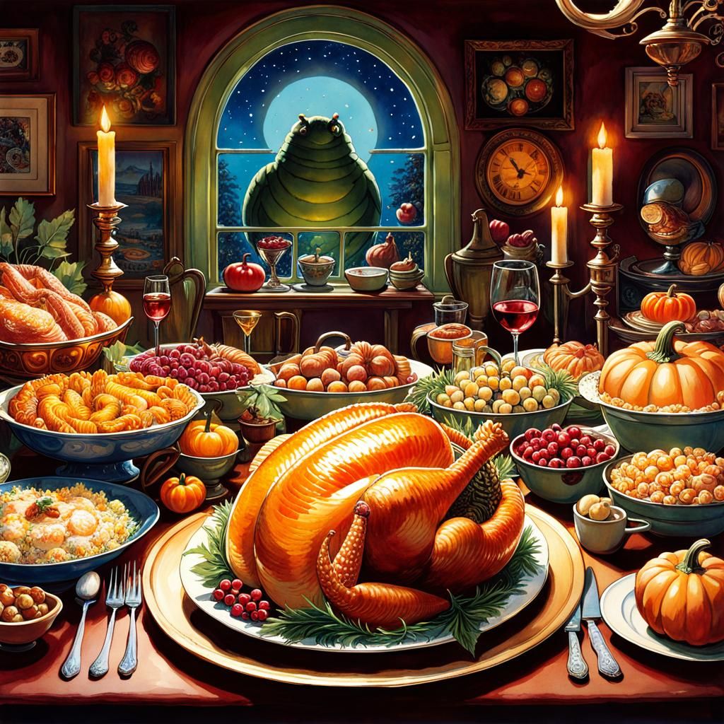 Surreal Thanksgiving Tablescape in Post-Impressionist Style