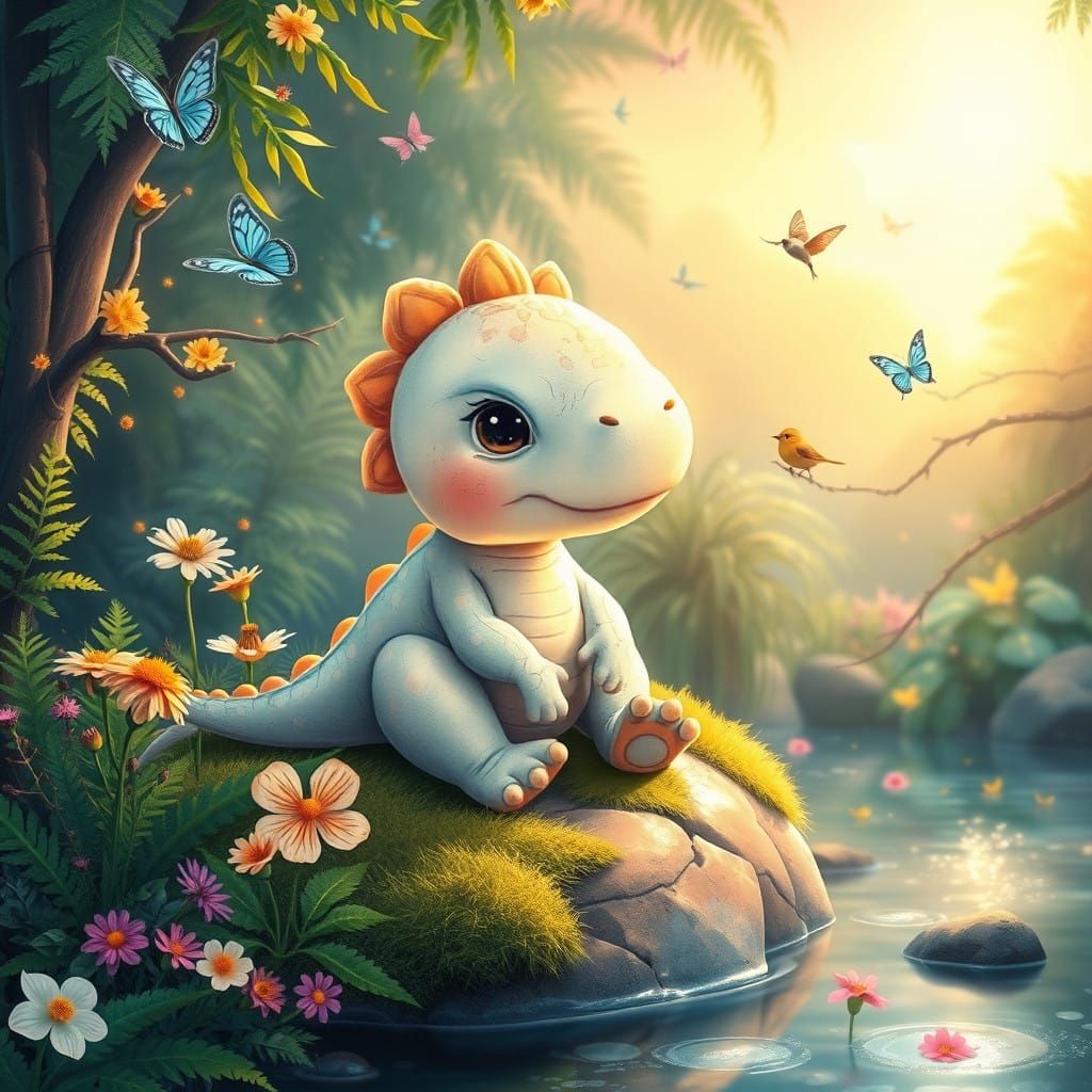 Whimsical Pastel Dinosaur in Prehistoric Sunset Wonderland