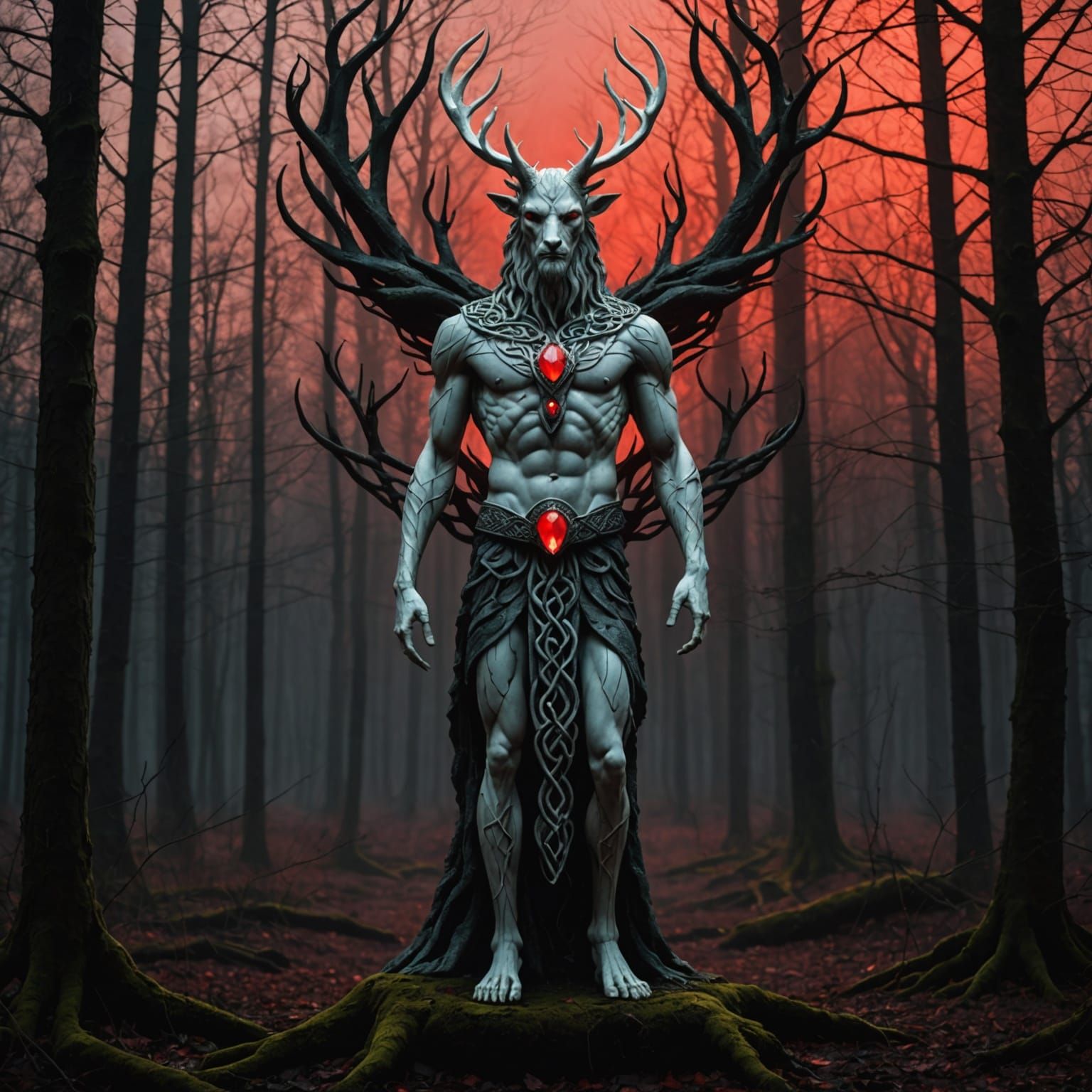 Celtic God in Gloomy Forest: Hyperdetailed Photo
