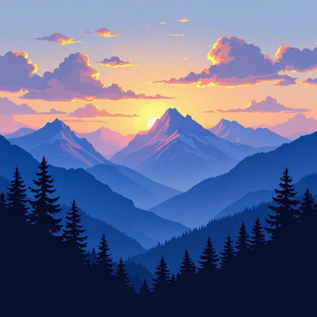 Dreamy Mountain Landscape at Sunset, Vibrant Colors