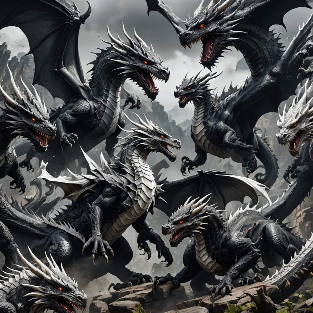 Detailed Black and White Dragons Matte Painting
