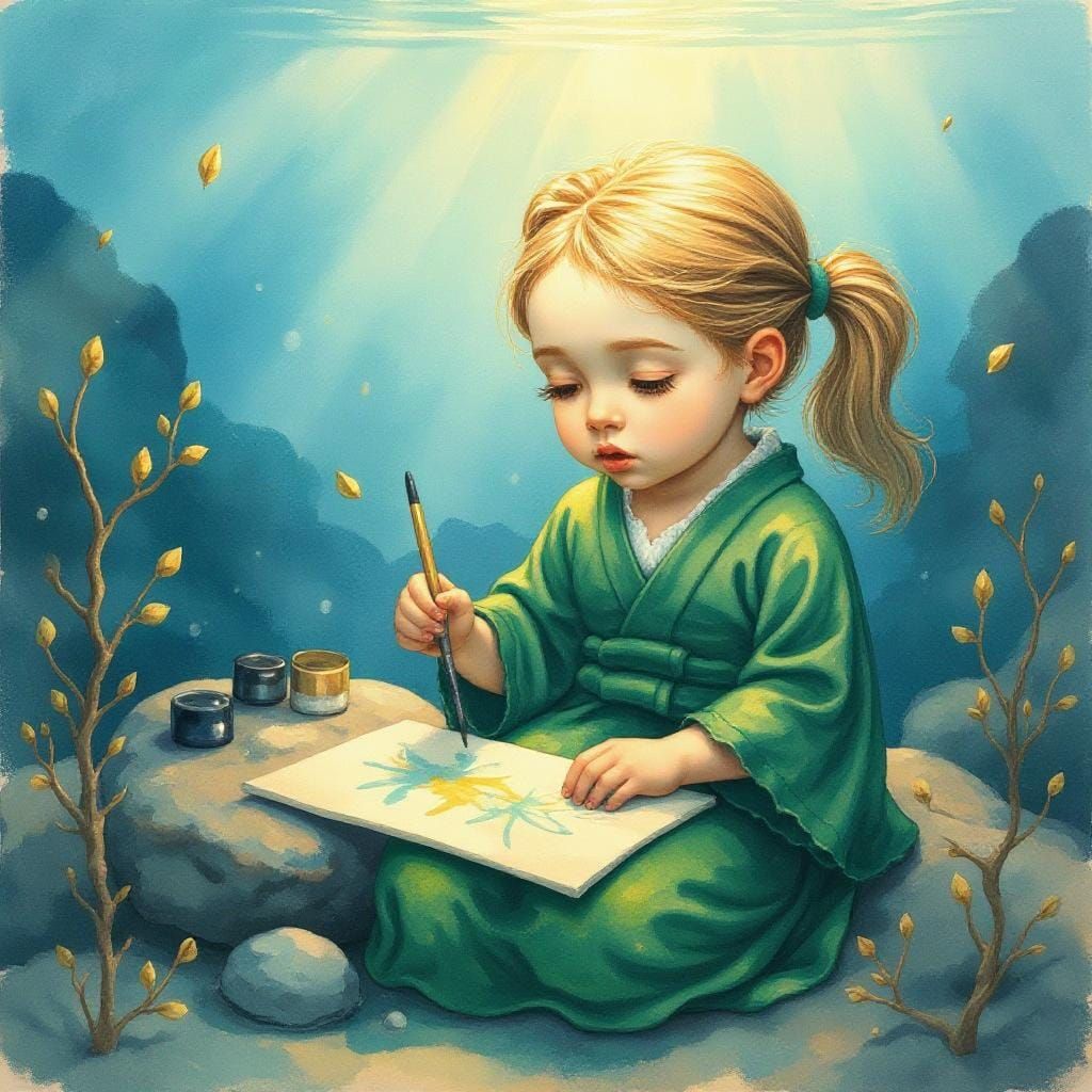 Mermaid Toddler's Underwater Zen Garden: Watercolor Art