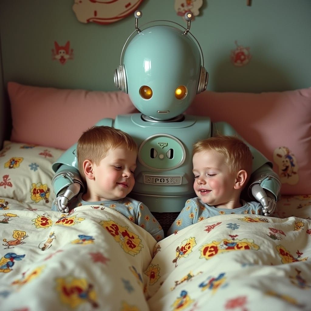 Retro-Futuristic Nanny Robot Tucking Children In