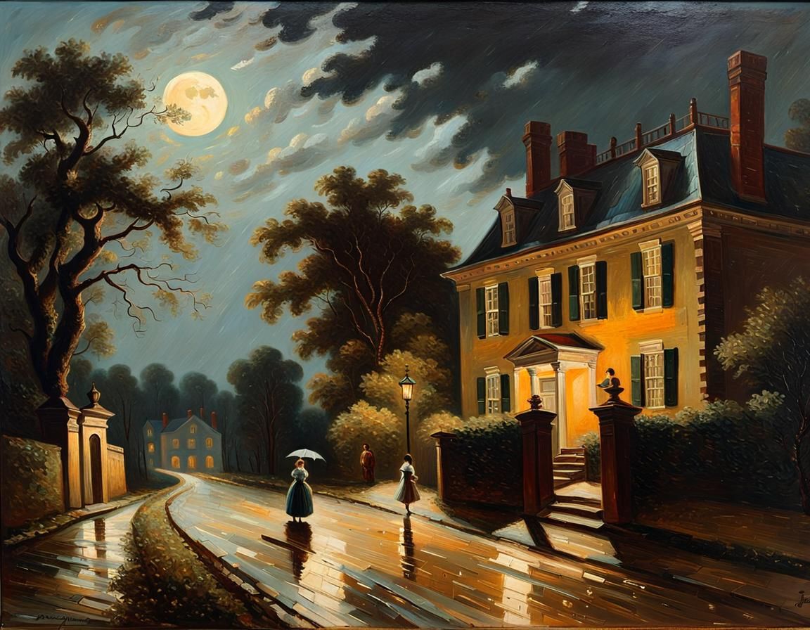 Moonlit 18th Century Roadway Oil Painting