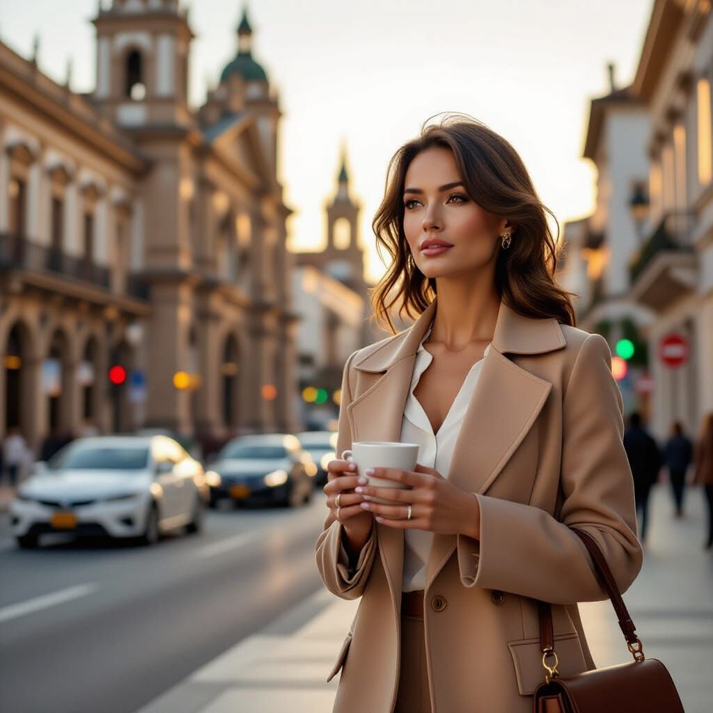 Elegant Woman with Coffee in Santa Ana Cathedral Square
