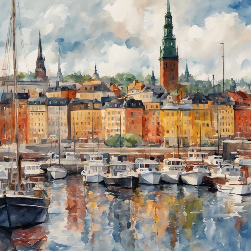 Stockholm City Harbor in Gouache Style