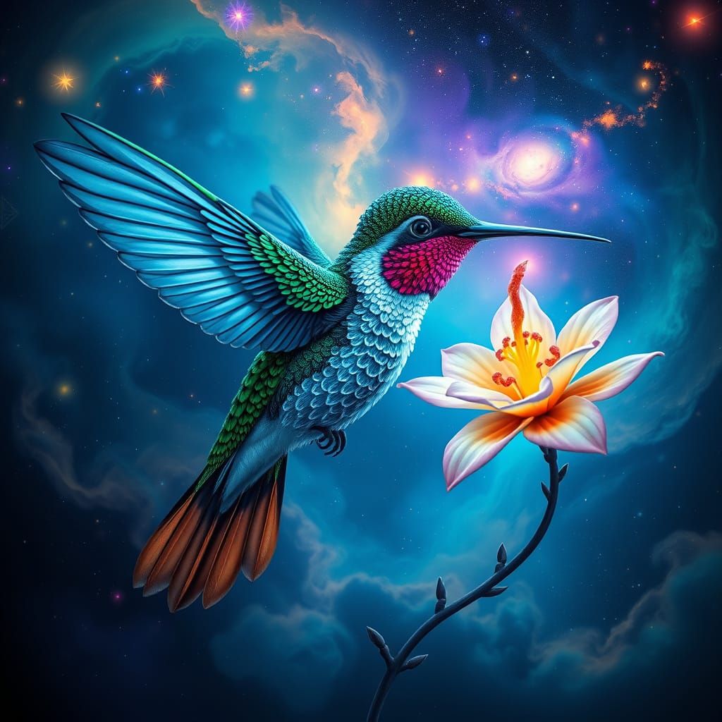 Bioluminescent Hummingbird Sipping Nectar in Cosmic Nebula
