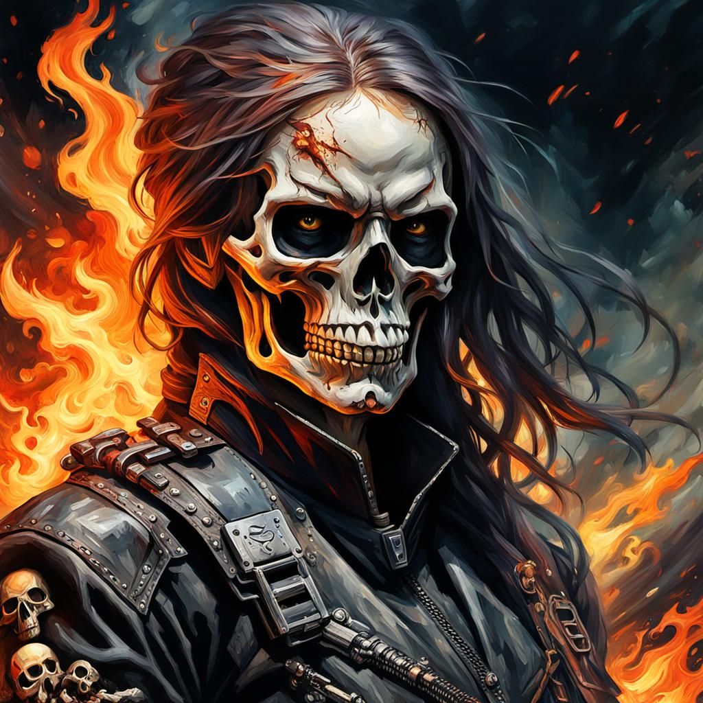 Fiery Skull Biker Warrior in Impressionist Style