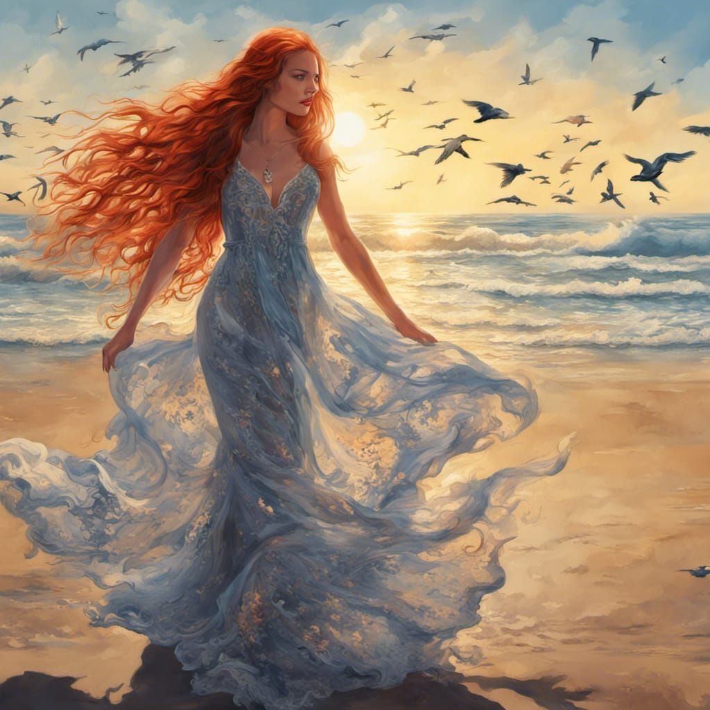 Woman with Red Hair on Beach in Romanticism Style