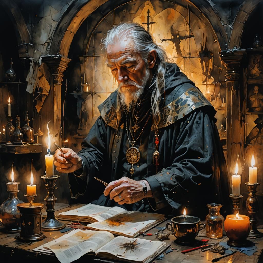 Medieval Magician Casting a Curse in Alcohol Ink Style