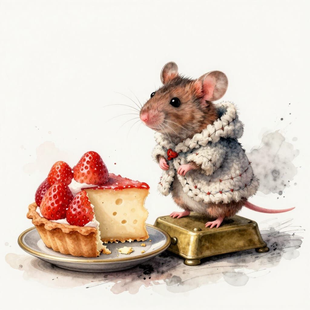 Tiny Mouse Contemplates Cheese by Giant Strawberry Tart