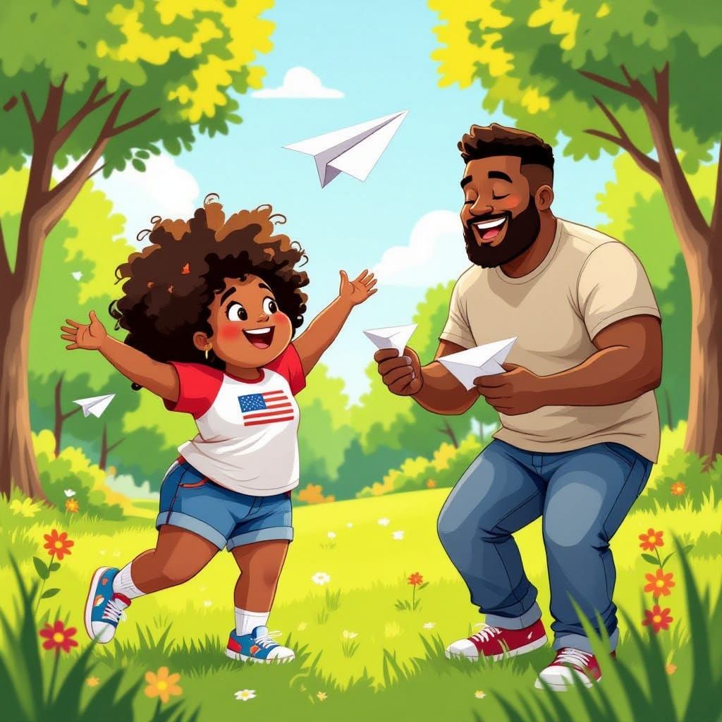 Joyful Girl Flying Paper Airplanes in Sunny Park, Pixar Styl...