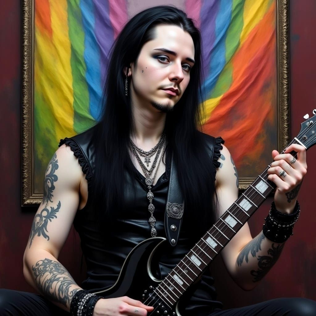 Gothic Man Portrait with Guitar and Rainbow Flag