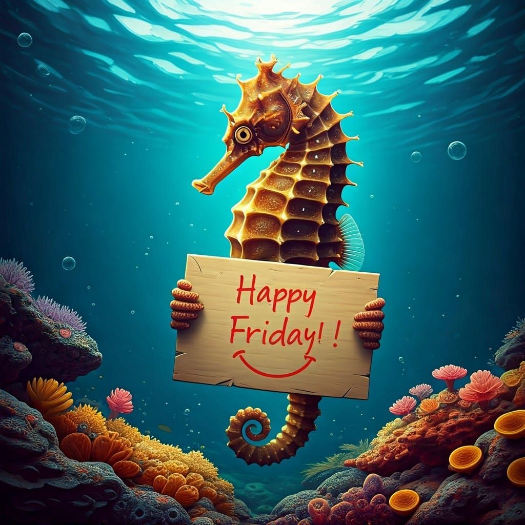 A seahorse underwater holding a sign that reads happy Friday...