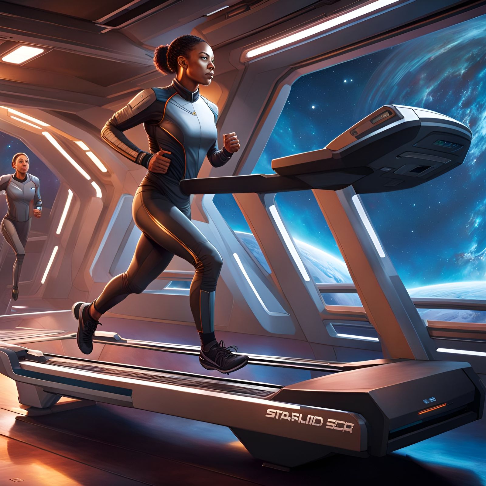 Cyborg Jogging in Spaceship in Sci-Fi Style