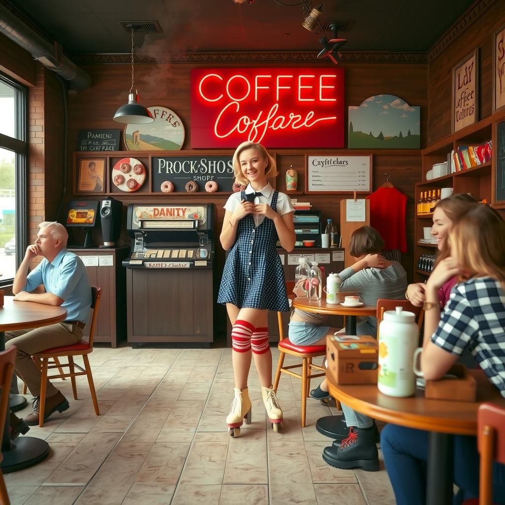 a girl working in a coffee shop on roller skates. Serving ho...
