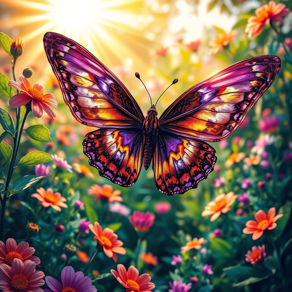 Vibrant Butterfly Flits Through Whimsical Garden in Psychede...