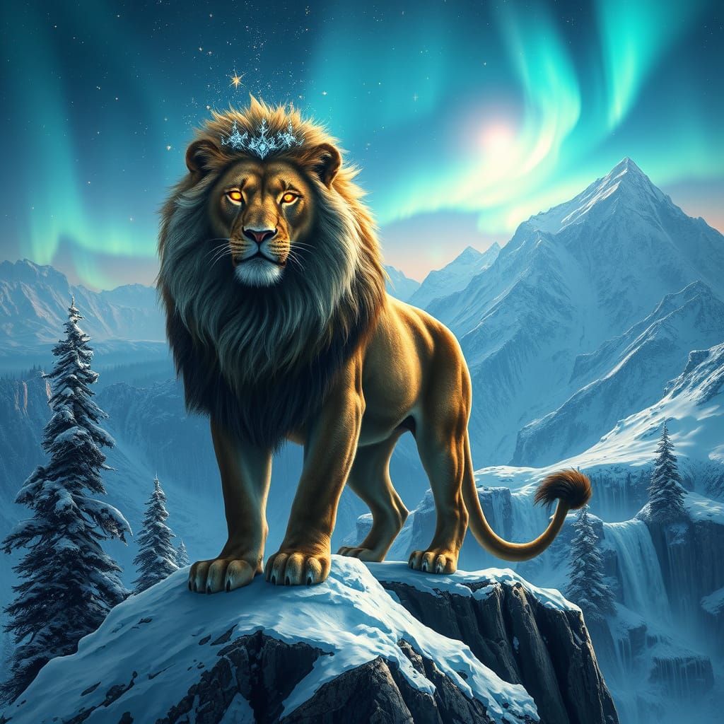Starlight Lion on Snowy Peak Under Aurora Borealis