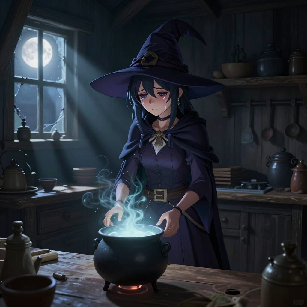 Sorrowful Witch in Eerie Kitchen, 3D Anime Style