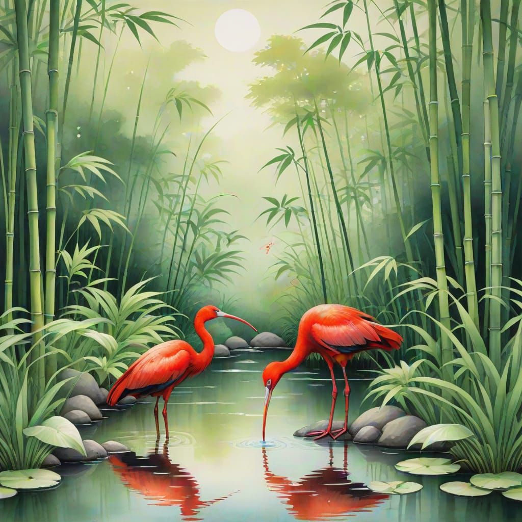Scarlet Ibis in Japanese Art Style