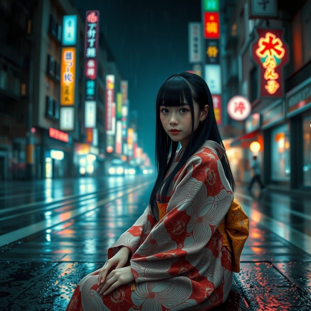 Cyberpunk Girl in Kimono on Rainy Tokyo Street