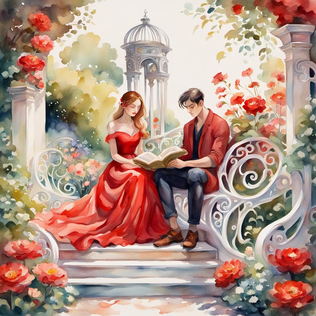 Woman Reading Beside Man in Pastel Fantasy Garden