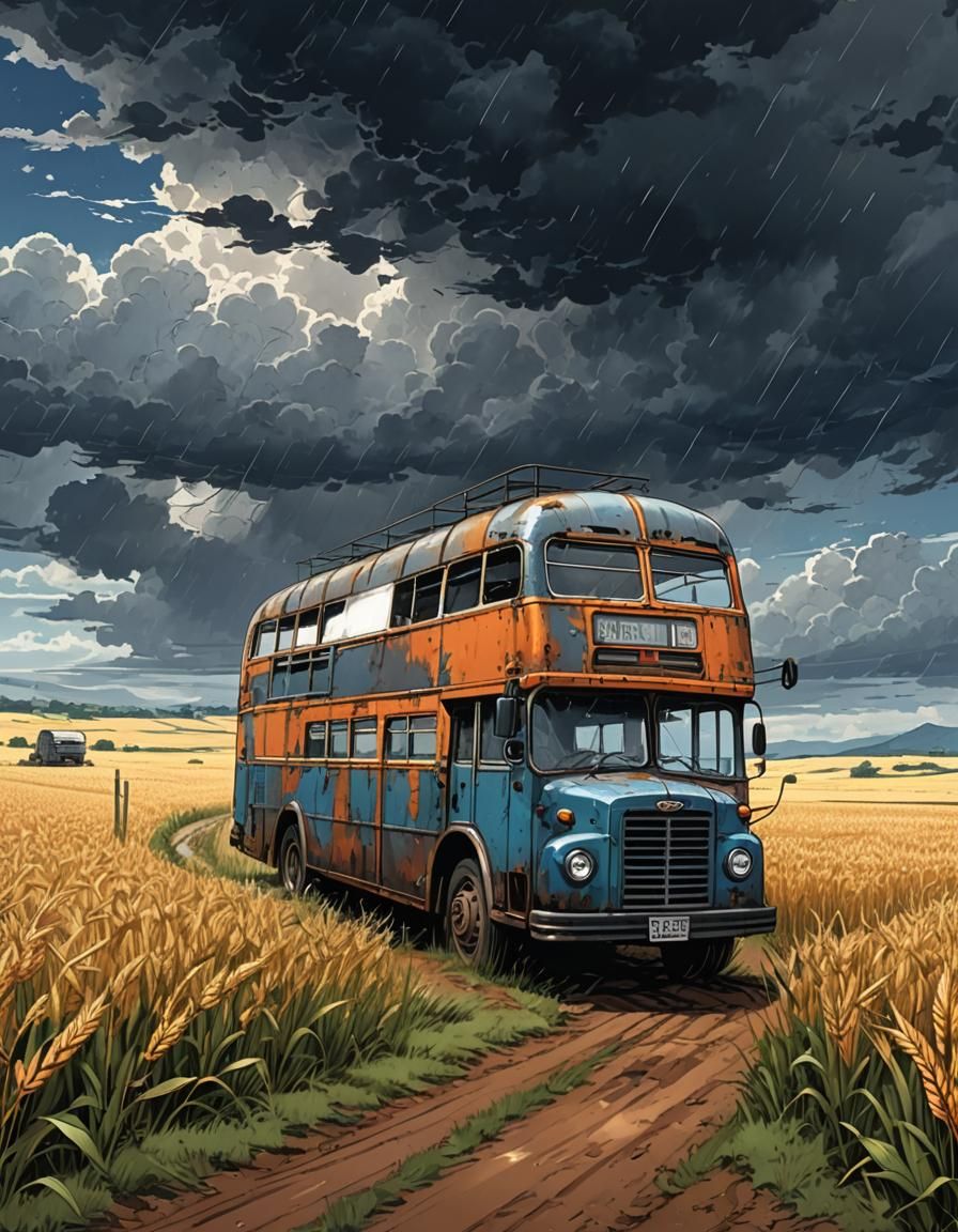 Anime Style: Old Bus on a Stormy Day