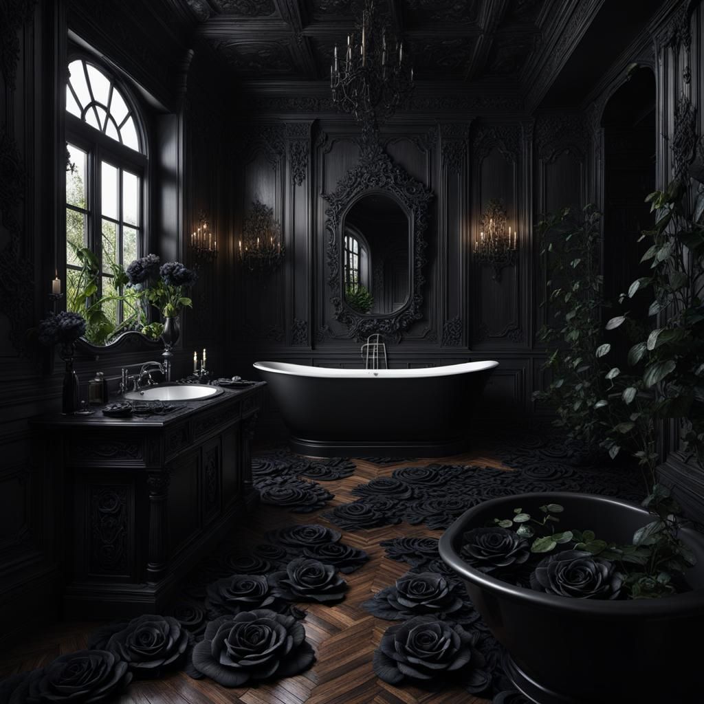 Creepy Abandoned Gothic Bathroom with Black Roses