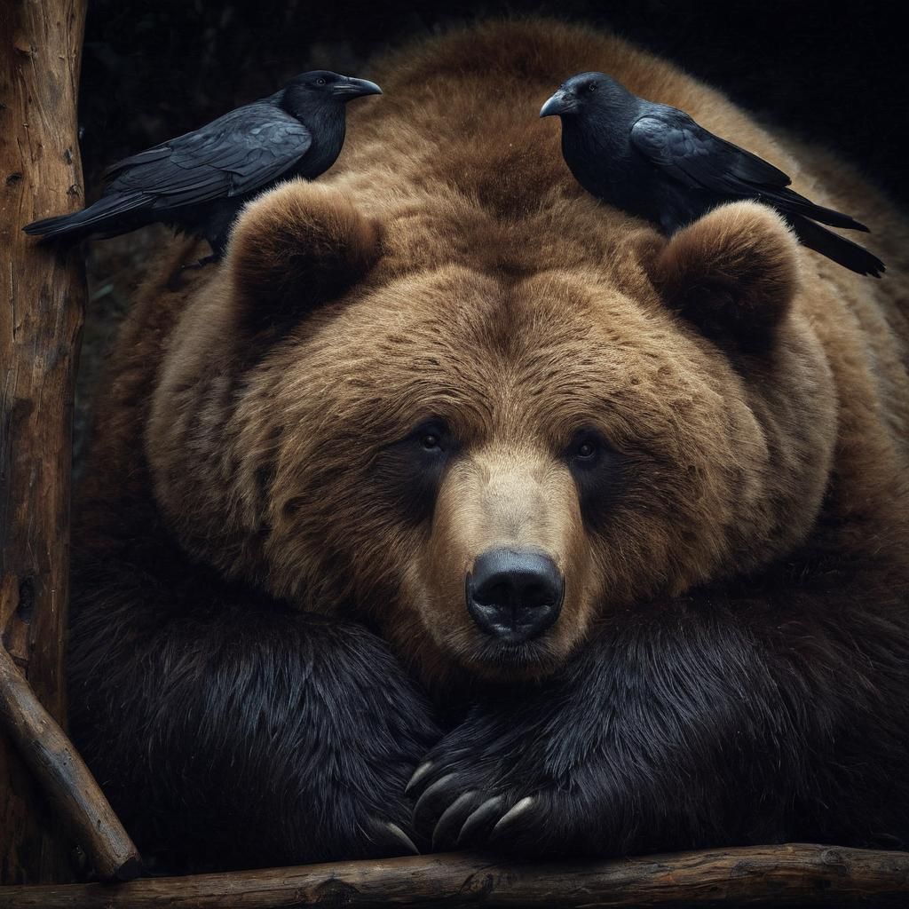 Sympathetic Kodiak Bear Snuggling with Crows