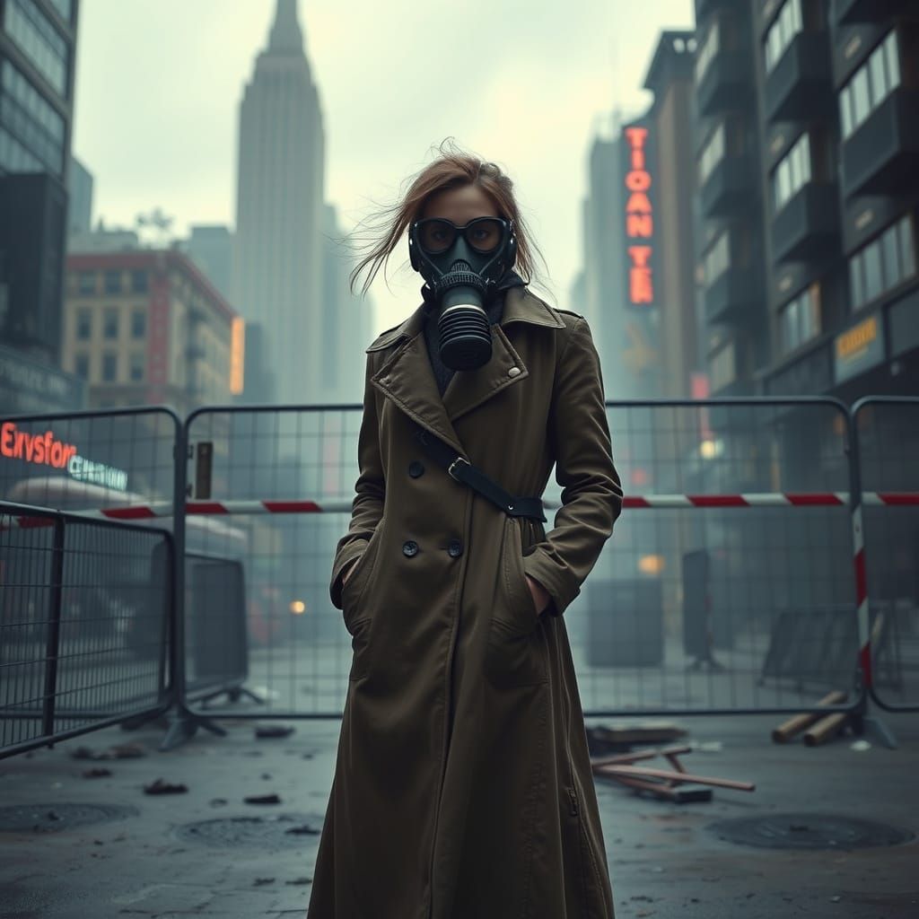 Dystopian Cityscape with Woman in Gas Mask