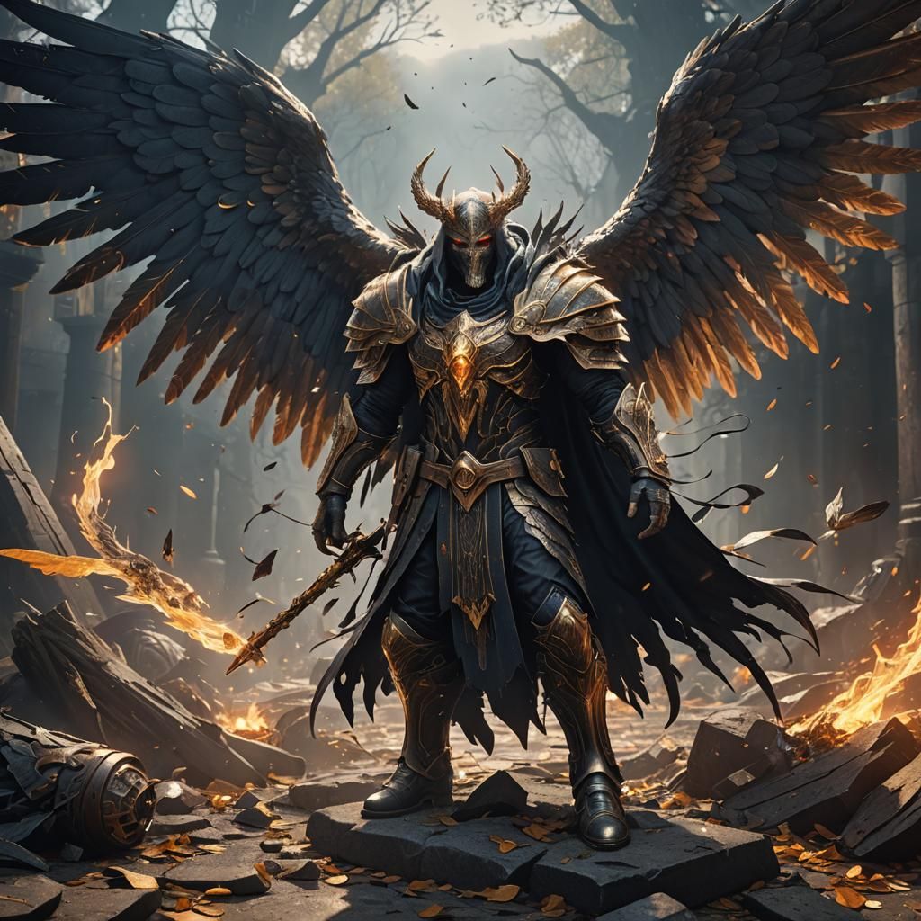 Fallen Aasimar Warlock with Wings in Detailed Matte Painting