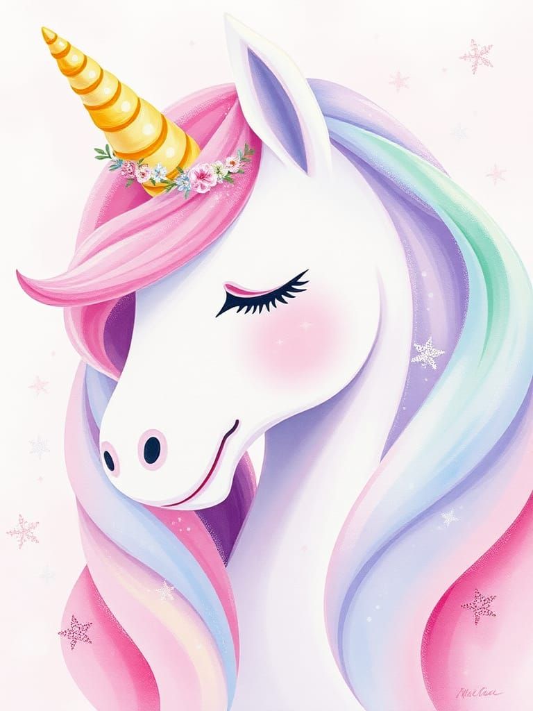 Pastel Unicorn with Eyelashes in Gouache Style